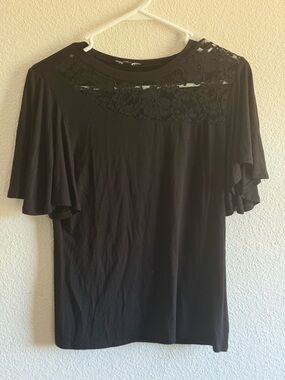 Express Black Lace Yoke Flutter Sleeve Tee
